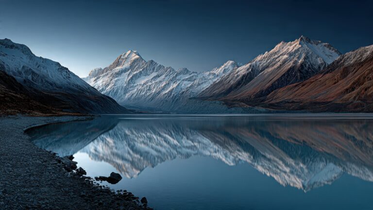 Snowy mountain peaks reflect perfectly in calm dark blue alpine